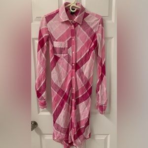 MODA International Pink Plaid Linen Midi Button Down Shirt Dress SZ 2
